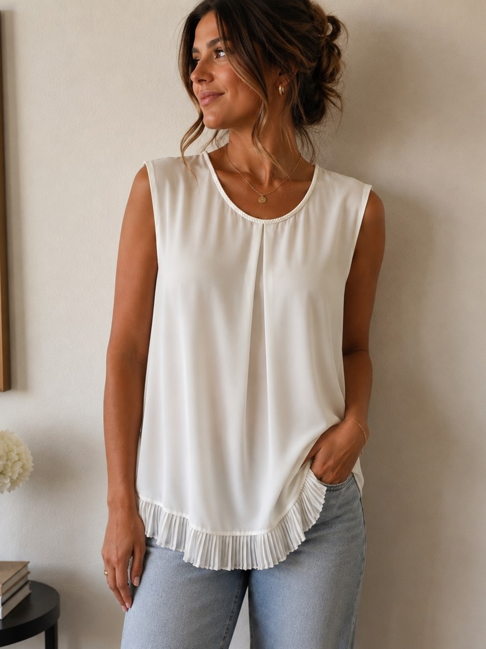 Reitmans Cream Sleeveless Pleated-Hem Camisole